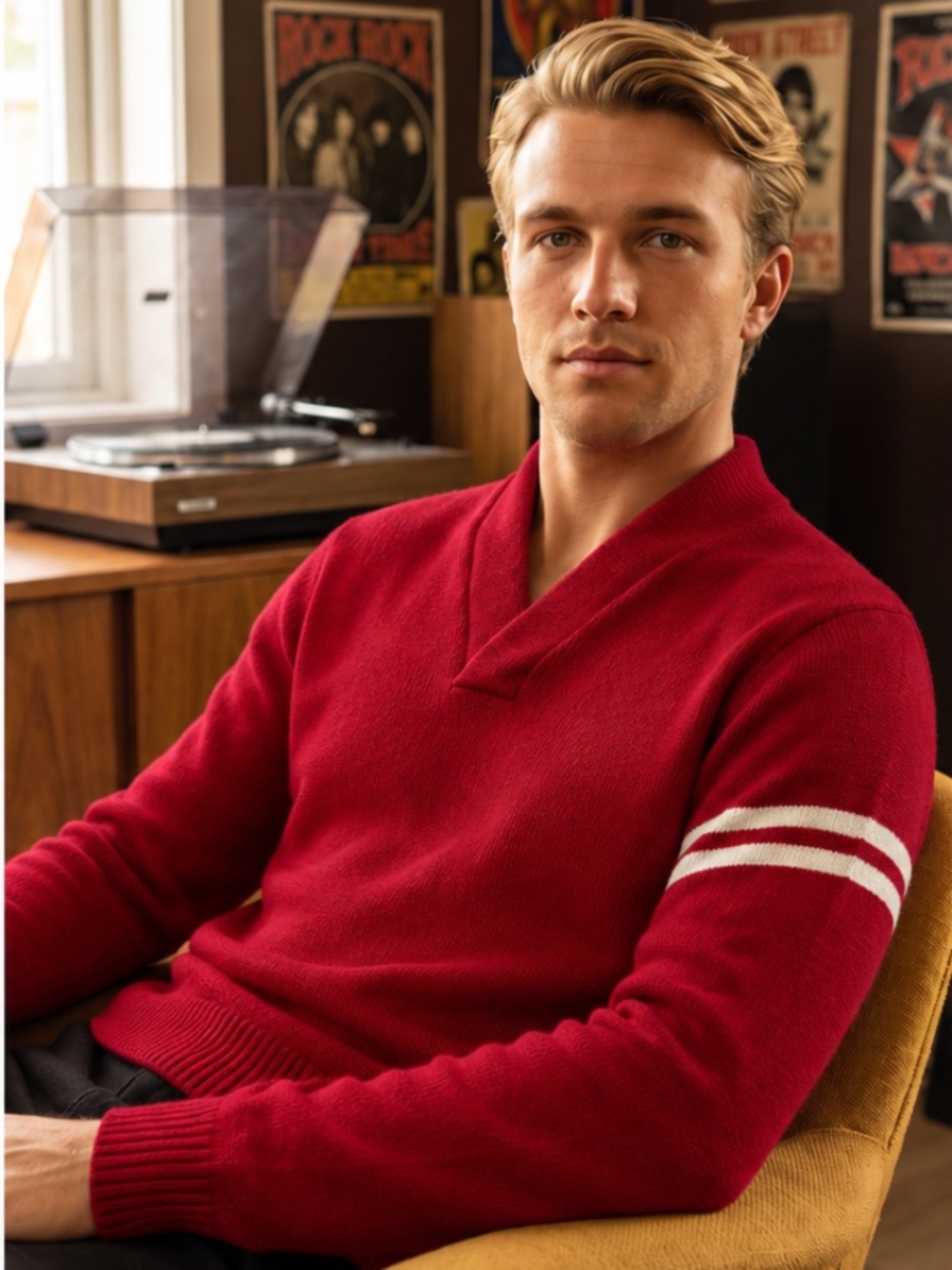 Vintage and Authentic Men's 100% Wool Red V-Neck Sweater with Striped Sleeve